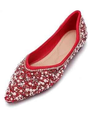 Women's Red Rhinestone Flats Pointed Toe Pearl Diamond Low Heel Ballet Shoes